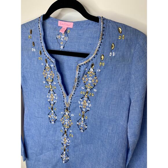 Lily Pulitzer Tunic Blue Linen Sz XS Embroidered - Picture 8 of 9